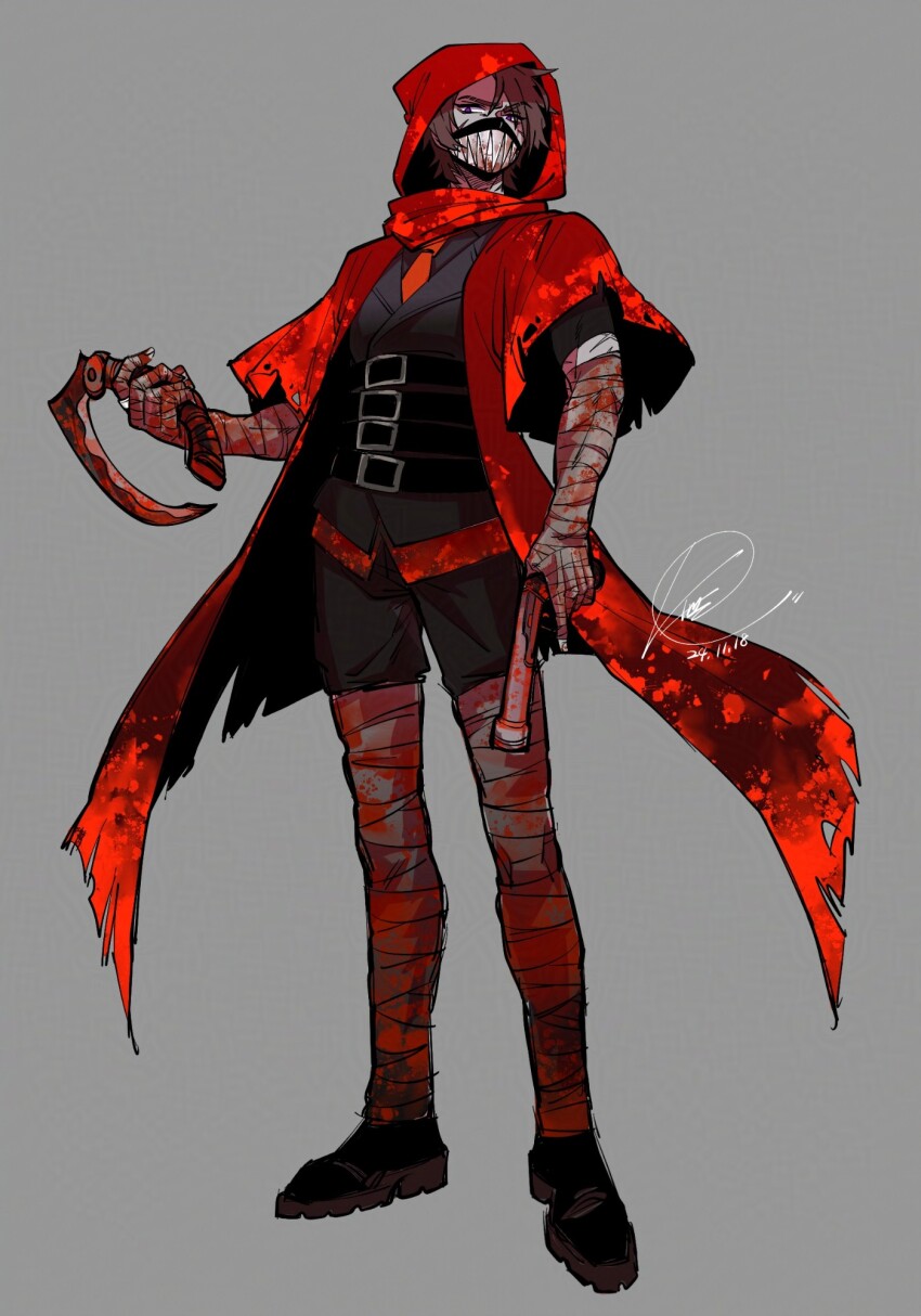 1boy, antique_firearm, bandaged_leg, bandages, black_jacket, black_pants, black_shirt, black_shoes