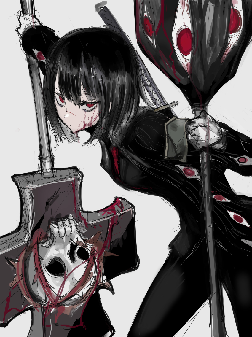 1girl, absurdres, black_hair, black_pants, black_suit, blood, blood_on_face, bob_cut, breasts, character_request, check_character, chuhaibane, commentary_request, e.g.o_(project_moon), expressionless, formal_clothes, gloves, highres, holding, holding_mace, holding_weapon, katana, limited_palette, lobotomy_corporation, looking_at_viewer, mace, medium_breasts, medium_hair, necktie, pants, penitence_(e.g.o), project_moon, red_eyes, red_eyes_(e.g.o), red_necktie, ryoshu_(project_moon), short_hair, simple_background, solo, suit, sword, sword_on_back, weapon, weapon_on_back, white_background, white_gloves