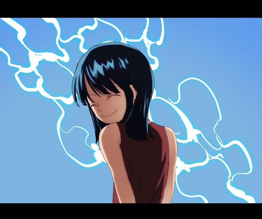1girl, ^_^, aged_down, blue_background, blue_hair, blunt_bangs, closed_eyes, dress
