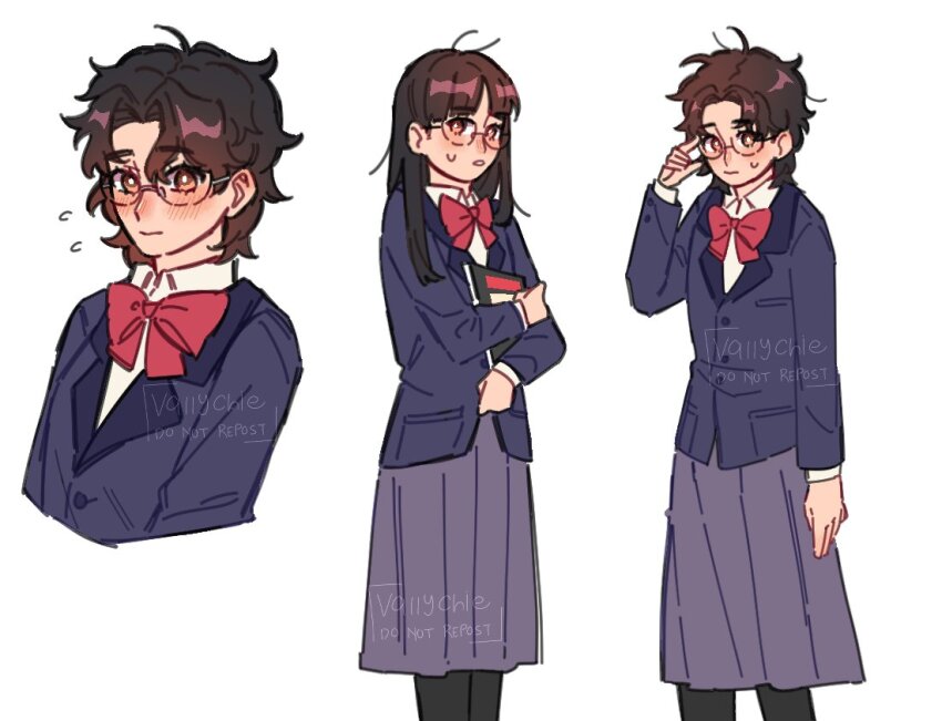 1girl, blazer, closed_mouth, dandadan, genderswap, genderswap_(mtf), glasses, jacket, jimiko, lecii_(vallychie), school_uniform, skirt, standing, sweatdrop, takakura_ken_(dandadan), watermark