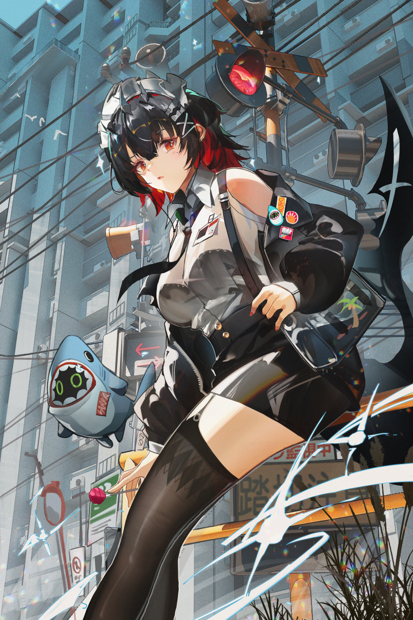 1girl, absurdres, badge, bag, bangboo_(zenless_zone_zero), bare_shoulders, black_hair, black_jacket