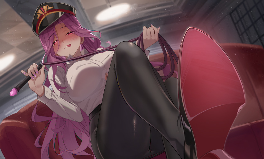 1girl, :p, absurdres, black_hat, black_pantyhose, breasts, cleavage, collared_shirt