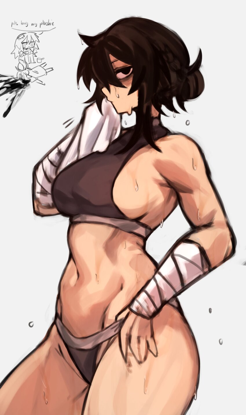 1girl, black_bra, black_panties, bra, breasts, cowboy_shot, highres, large_breasts, looking_at_viewer, navel, original, panties, shig_(shigezie), shigezie, sideboob, simple_background, solo, stomach, sweat, toned, toned_female, underwear, white_background, wrist_wrap