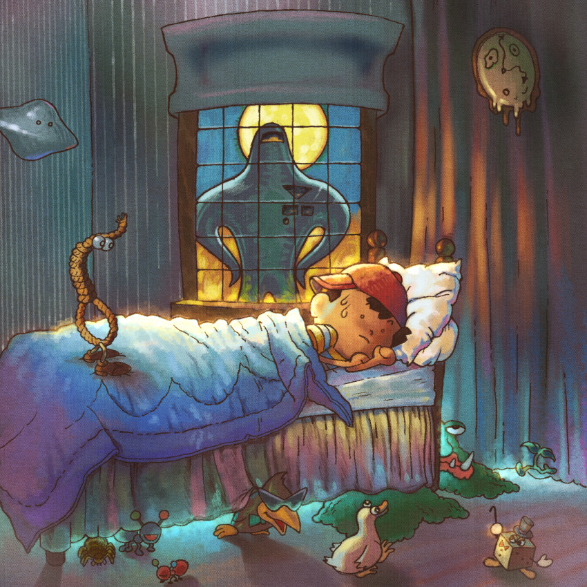 1boy, ant, arachnid_(mother_2), bed, bird, black_antoid, blanket, bow, bowtie, bug, captionpanic, crow, curtains, dali's_clock, duck, highres, indoors, insect, li'l_ufo, loaded_dice_(mother_2), lying, mad_duck, master_belch_(mother_2), mobile_sprout, monster, mother_(series), mother_2, ness_(mother_2), nintendo, noose, noose_man_(mother), on_side, red_antoid, rope, spider, spiteful_crow, starman_(mother), sunglasses, sweat, tarantula, window