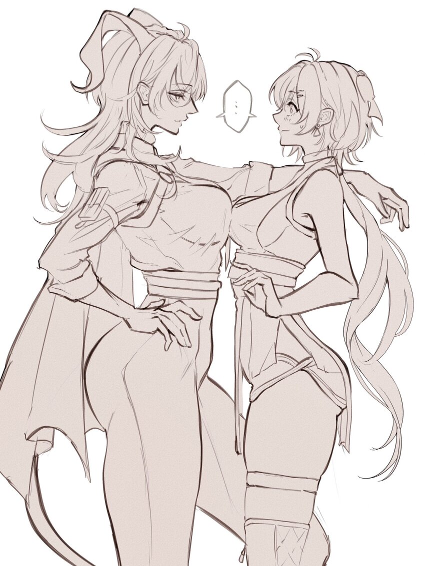 ..., 2girls, arm_on_another's_shoulder, ass, bare_shoulders, blush, bow, breast_press