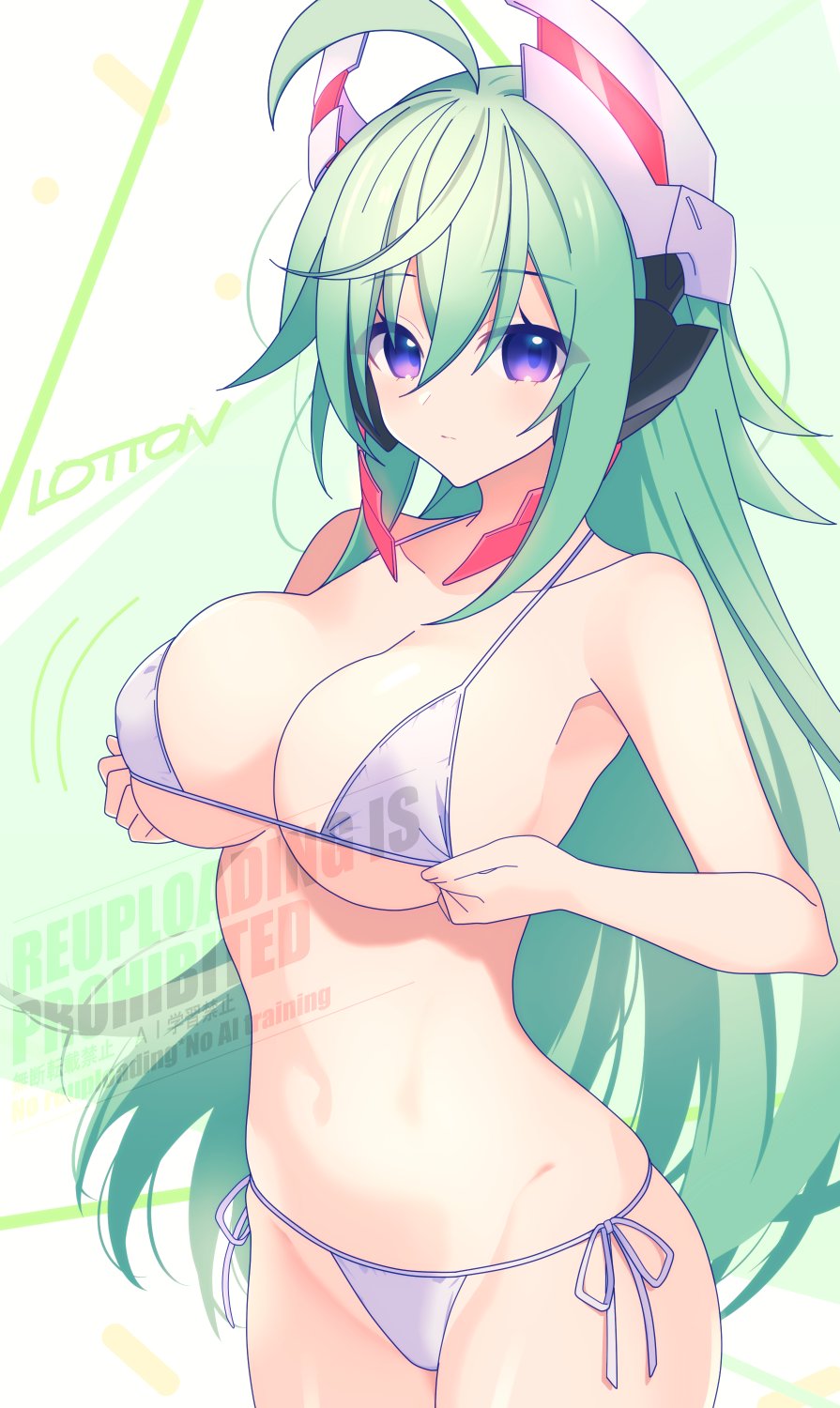 1girl, ahoge, artist_name, azure_striker_gunvolt, bikini, breasts, cowboy_shot, green_hair, gunvolt_chronicles_luminous_avenger_ix, headgear, highres, large_breasts, lololotton, micro_bikini, mother_(luminous_avenger_ix), roro_(gunvolt), side-tie_bikini_bottom, solo, swimsuit, white_bikini