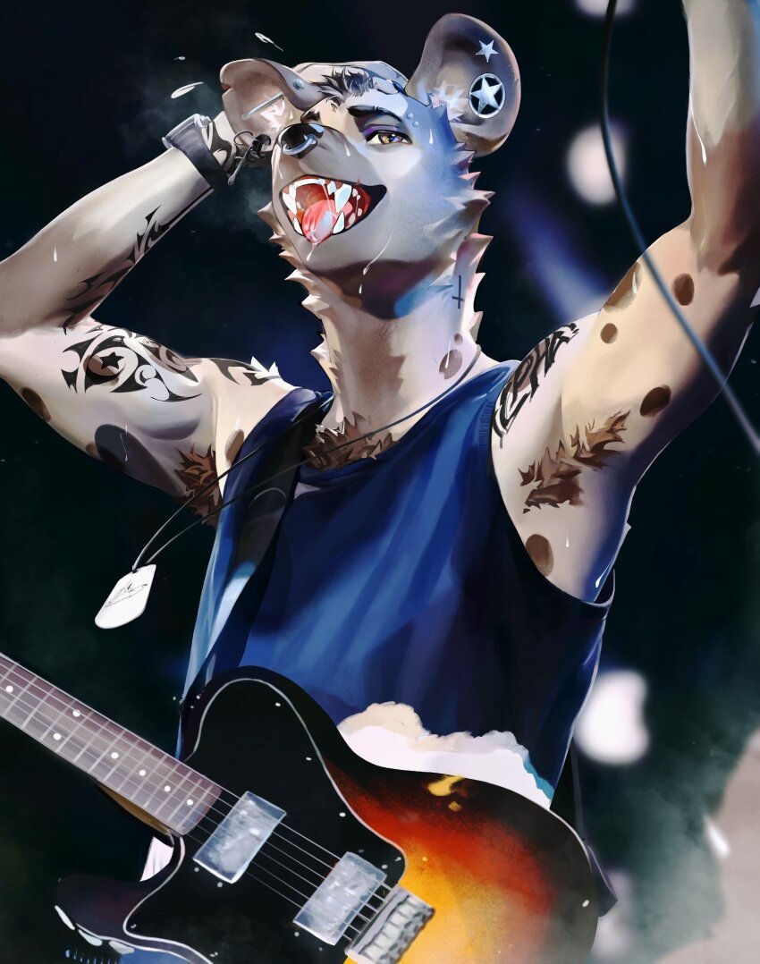 1boy, animal_crossing, armpit_hair, armpits, arms_up, blue_tank_top, bounsies, bracelet