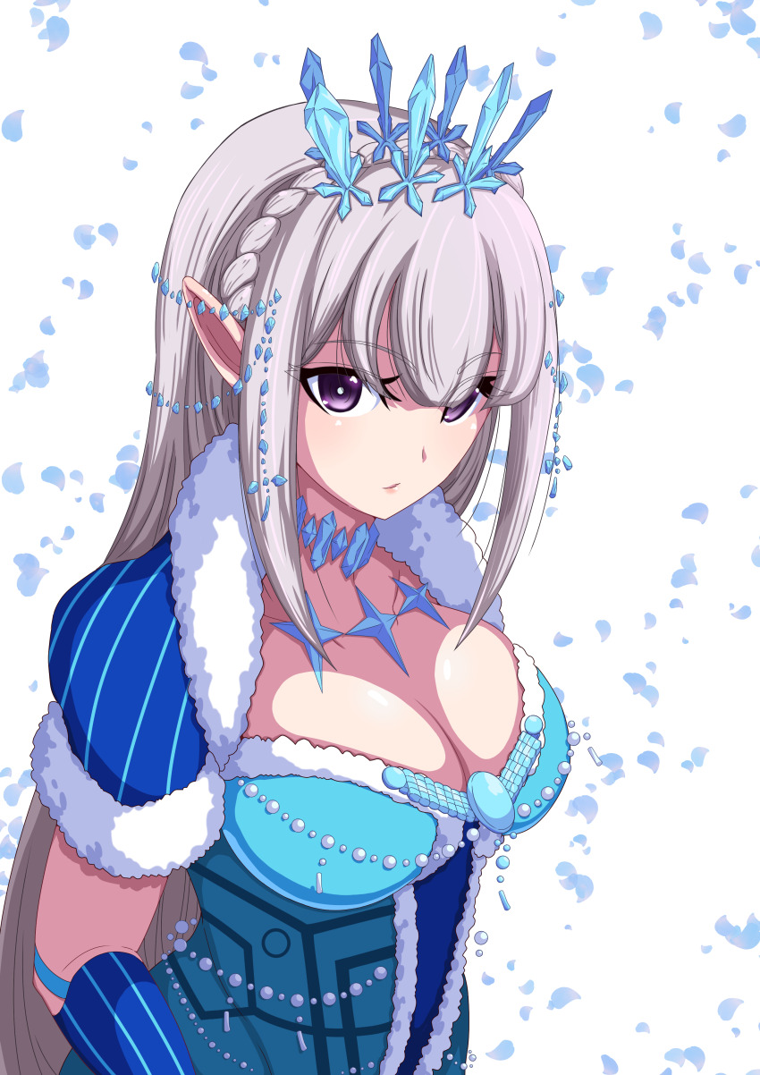 1girl, absurdres, braid, breasts, cleavage, crown_braid, dress, elf
