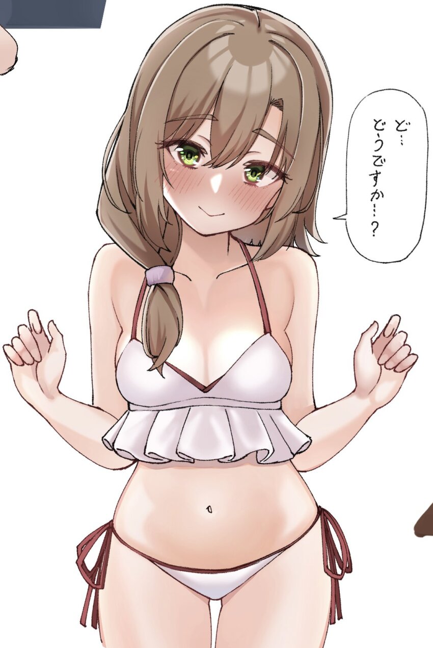 1girl, alternate_costume, bare_arms, bare_shoulders, bikini, blush, breasts, brown_hair