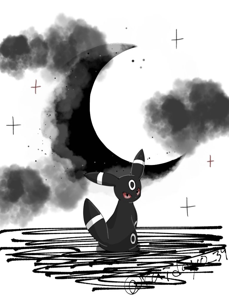 animal_focus, black_eyes, cloud, colored_sclera, crescent, gen_2_pokemon, looking_back, moon