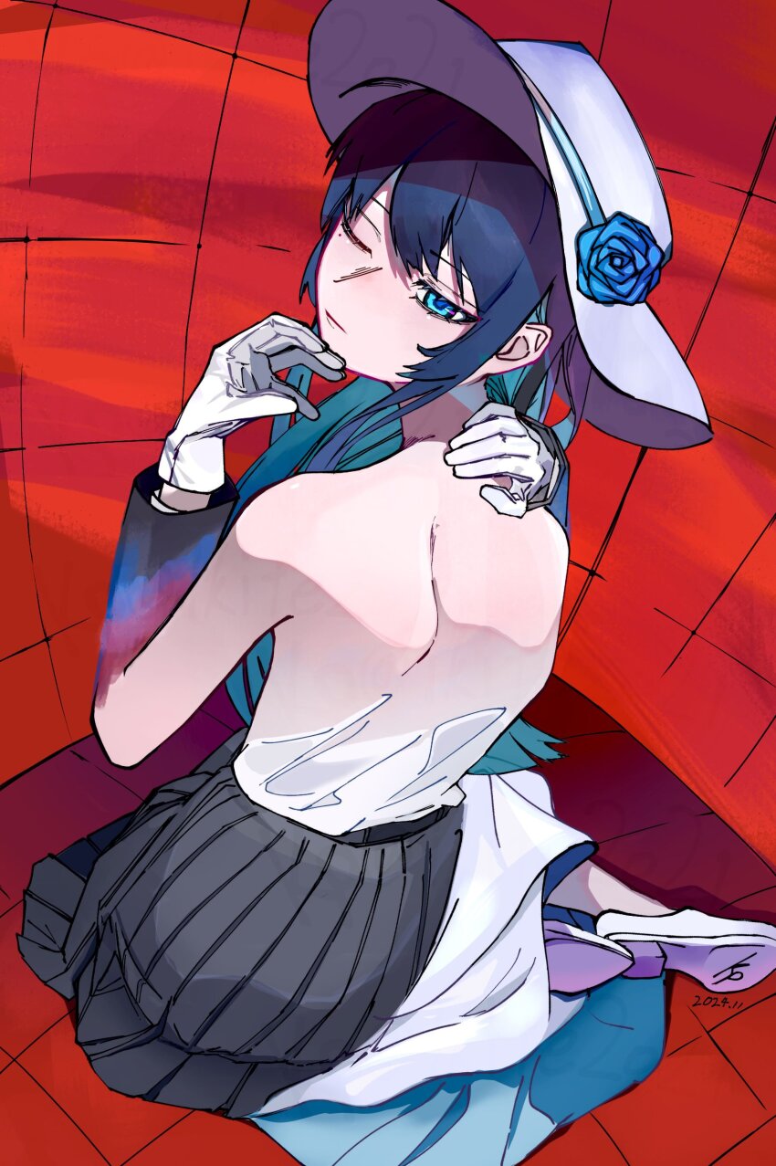 1girl, absurdres, ado_(utaite), bare_back, black_skirt, blue_eyes, blue_flower, blue_hair