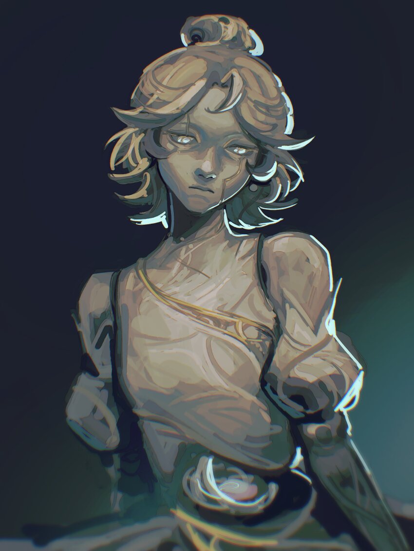 1girl, absurdres, android, arcane:_league_of_legends, commentary, english_commentary, facial_mark, gradient_background, highres, league_of_legends, looking_down, orianna_(arcane), orianna_(league_of_legends), puffy_short_sleeves, puffy_sleeves, sad, seraph_(sera_phiel), short_hair, short_sleeves, sketch, solo