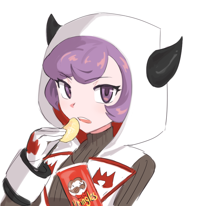 1girl, 22z3r0, alternate_color, chips_(food), courtney_(pokemon), eating, fake_horns, food