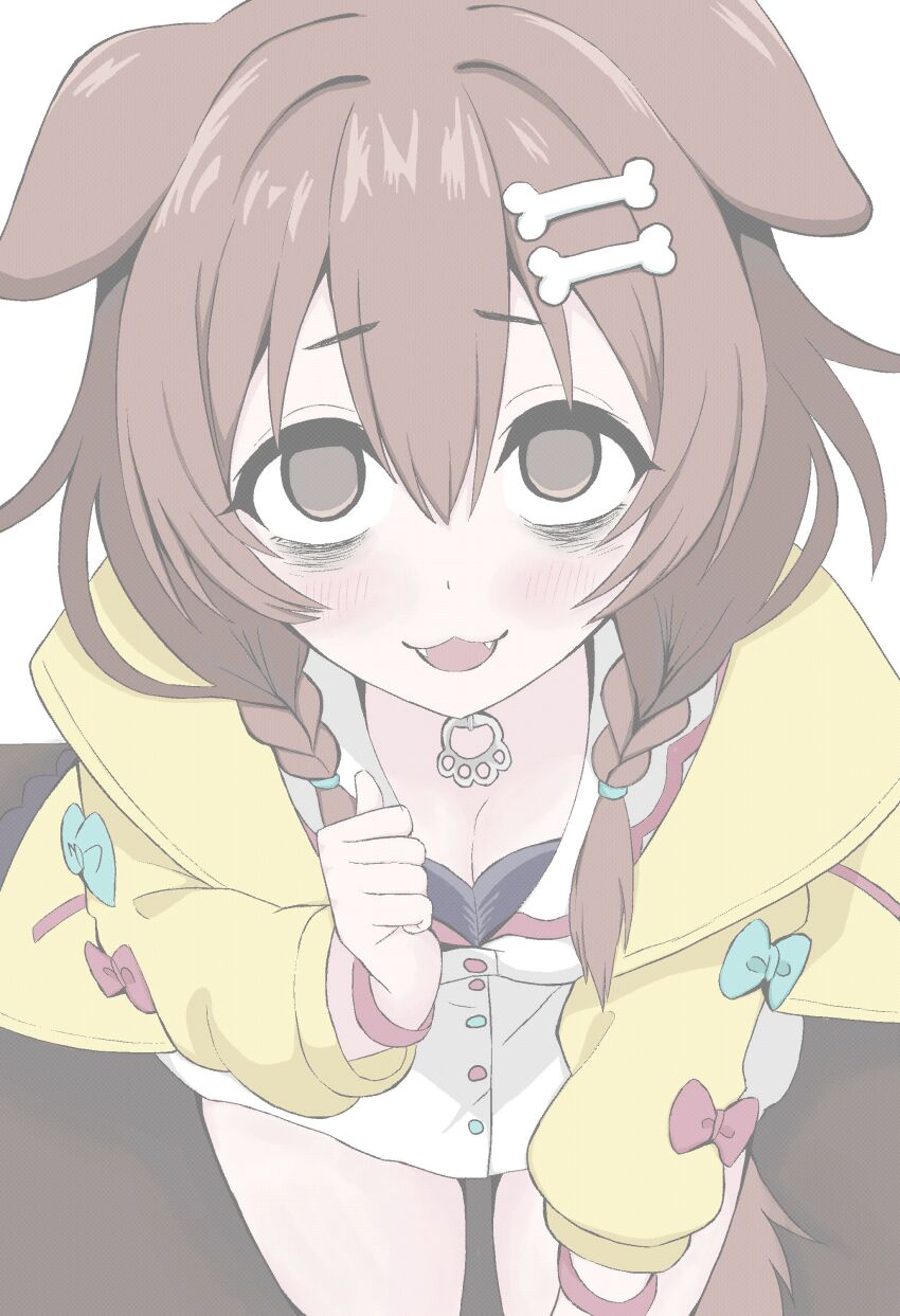 1girl, absurdres, animal_ears, bags_under_eyes, blush, breasts, brown_eyes, brown_hair, chobles21, cleavage, collar, dog_ears, dog_girl, dog_tail, empty_eyes, from_above, highres, hololive, inugami_korone, kneeling, medium_breasts, smile, tail, virtual_youtuber, yandere