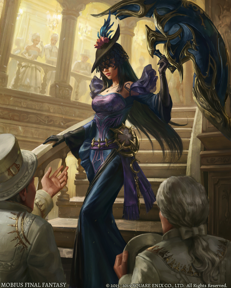 1girl, 2boys, bare_shoulders, black_gloves, black_hair, black_veil, blue_dress, brown_hat, commentary, copyright_name, copyright_notice, covered_eyes, dress, elbow_gloves, english_commentary, full_body, gloves, hat, hat_feather, holding, holding_weapon, huge_weapon, indoors, jewelry, laura_sava, long_hair, long_sleeves, meia_(mff), mobius_final_fantasy, multiple_boys, necklace, purple_dress, stairs, standing, two-tone_dress, veil, weapon