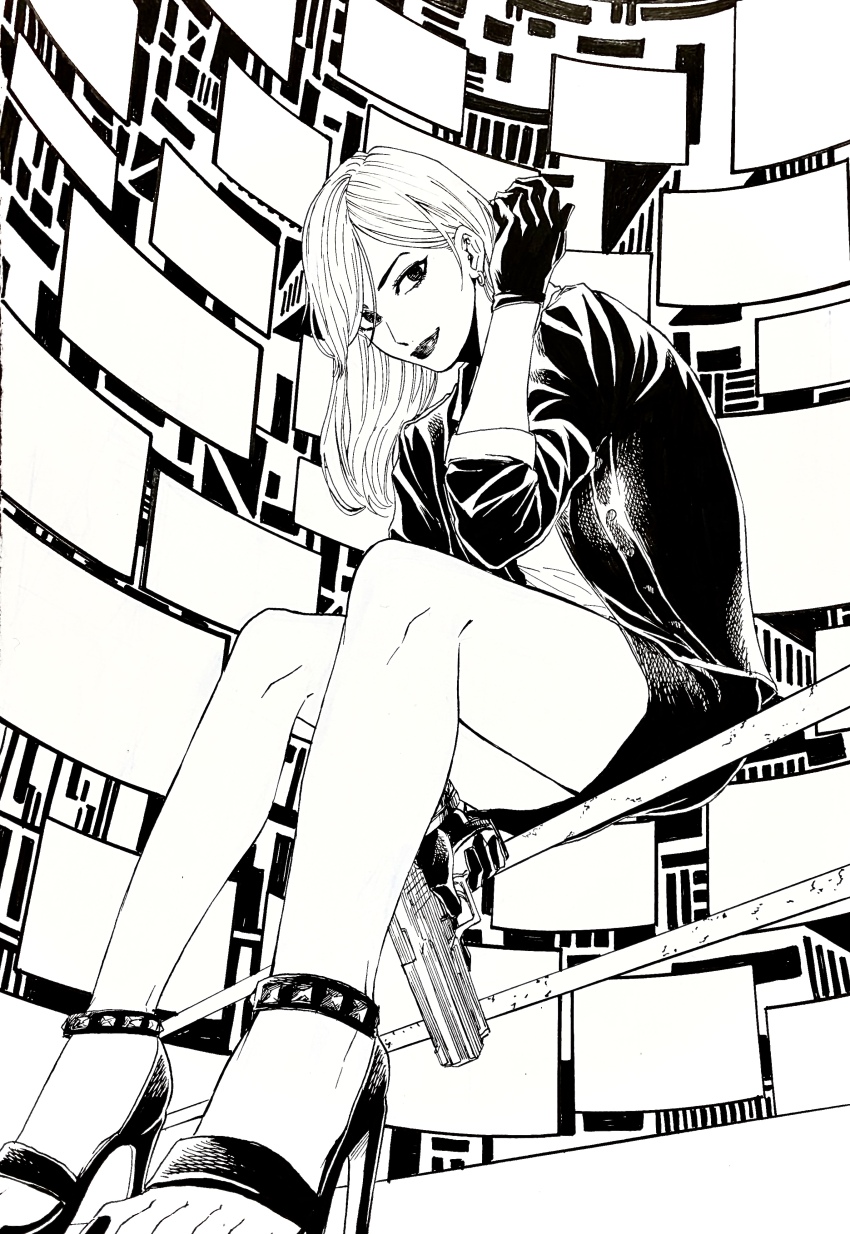 1girl, absurdres, black_footwear, black_gloves, black_jacket, black_skirt, ff2rose, gloves, gun, handgun, high_heel_sandals, high_heels, highres, holding, holding_weapon, jacket, light_smile, lipstick, long_hair, long_sleeves, makeup, miniskirt, monochrome, open_clothes, open_jacket, ryuu_ga_gotoku_(series), ryuu_ga_gotoku_7, sandals, screen, seonhee, sitting, skirt, technology, toes, undershirt, weapon, white_background