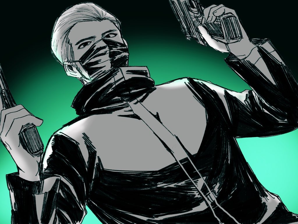 1boy, black_background, black_coat, black_mask, coat, dual_wielding, ff2rose, from_below, green_background, greyscale, greyscale_with_colored_background, gun, hair_slicked_back, han_joon-gi, handgun, holding, holding_gun, holding_weapon, mask, monochrome, ryuu_ga_gotoku_(series), ryuu_ga_gotoku_7, short_hair, upper_body, weapon, white_hair