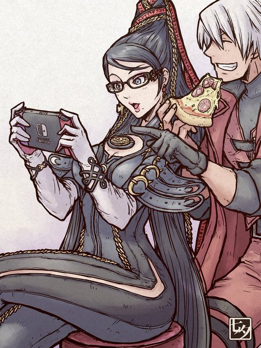 1boy, 1girl, bayonetta, bayonetta_(series), bayonetta_1, beehive_hairdo, black-framed_eyewear, black_gloves