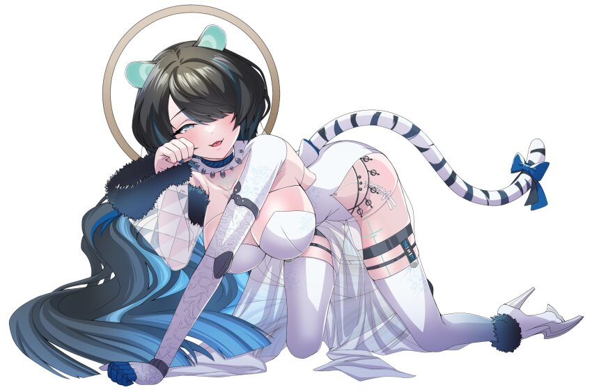 1a1acthulhu, 1girl, animal_ears, bent_over, black_hair, blue_bow, blue_hair, body_markings, bow, breasts, dress, erina_makina, fur-trimmed_sleeves, fur_trim, grey_eyes, hair_over_one_eye, halo, high_heels, highres, large_breasts, long_hair, mechanical_arms, multicolored_hair, open_mouth, pelvic_curtain, phase_connect, second-party_source, see-through_clothes, see-through_sleeves, side_slit, single_mechanical_arm, solo, streaked_hair, tail, tail_bow, tail_ornament, thighhighs, tiger_ears, tiger_girl, tiger_tail, virtual_youtuber, white_dress, white_footwear, white_thighhighs