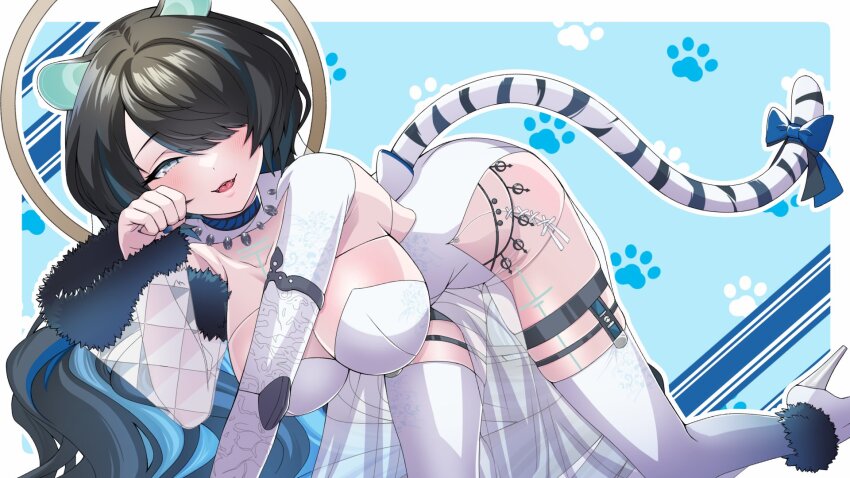 1a1acthulhu, 1girl, animal_ears, bent_over, black_hair, blue_hair, body_markings, breasts, dress, erina_makina, fur-trimmed_sleeves, fur_trim, grey_eyes, hair_over_one_eye, halo, high_heels, highres, large_breasts, long_hair, mechanical_arms, multicolored_hair, open_mouth, paw_print, paw_print_background, pelvic_curtain, phase_connect, second-party_source, see-through_clothes, see-through_sleeves, side_slit, single_mechanical_arm, solo, streaked_hair, tail, thighhighs, tiger_ears, tiger_girl, tiger_tail, virtual_youtuber, white_dress, white_footwear, white_thighhighs
