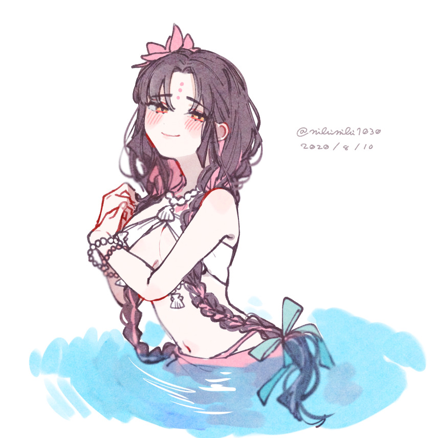 1girl, absurdres, adjusting_hair, bikini, black_hair, blue_ribbon, bracelet, braid