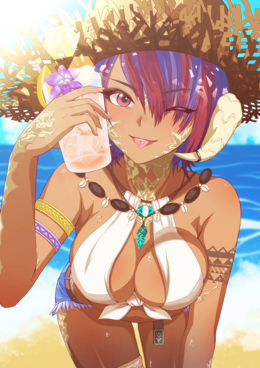 1a1acthulhu, 1girl, absurdres, arm_strap, arm_tattoo, au_ra, beach, belt