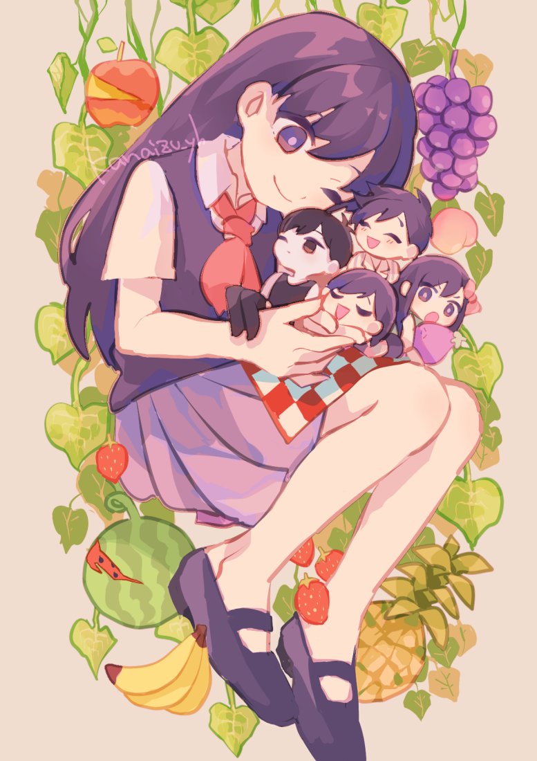 2girls, 3boys, aubrey_(headspace)_(omori), aubrey_(omori), black_footwear, closed_mouth, collared_shirt, hero_(headspace)_(omori), hero_(omori), kanaizu_yh, kel_(headspace)_(omori), kel_(omori), long_hair, mari_(headspace)_(omori), mari_(omori), mini_person, miniboy, minigirl, multiple_boys, multiple_girls, neckerchief, omori, omori_(omori), one_eye_closed, pleated_skirt, purple_eyes, purple_hair, red_neckerchief, shirt, short_sleeves, skirt, smile, white_shirt