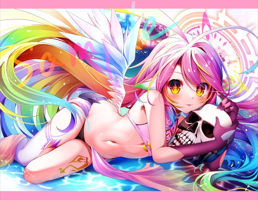1girl, armpit_crease, bare_shoulders, black_gloves, blonde_hair, blue_hair, crop_top, elbow_gloves, feathers, flaming_eye, fusen_haru, gloves, gradient_hair, green_hair, halo, highres, holding, holding_skull, jibril_(no_game_no_life), leg_tattoo, loli, long_hair, looking_at_viewer, low_twintails, low_wings, lying, multicolored_hair, navel, no_game_no_life, on_side, pink_hair, planet, sample_watermark, short_shorts, shorts, single_thighhigh, skull, solo, space, sparkling_eyes, tattoo, thighhighs, tongue, tongue_out, twintails, water, watermark, white_feathers, wing_ears, wings, yellow_eyes