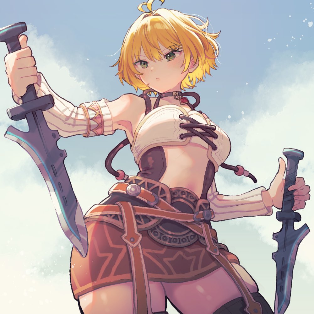 1girl, bandeau, blonde_hair, chomo_(engawaparty), clothing_cutout, detached_sleeves, dual_wielding, fiora_(xenoblade)