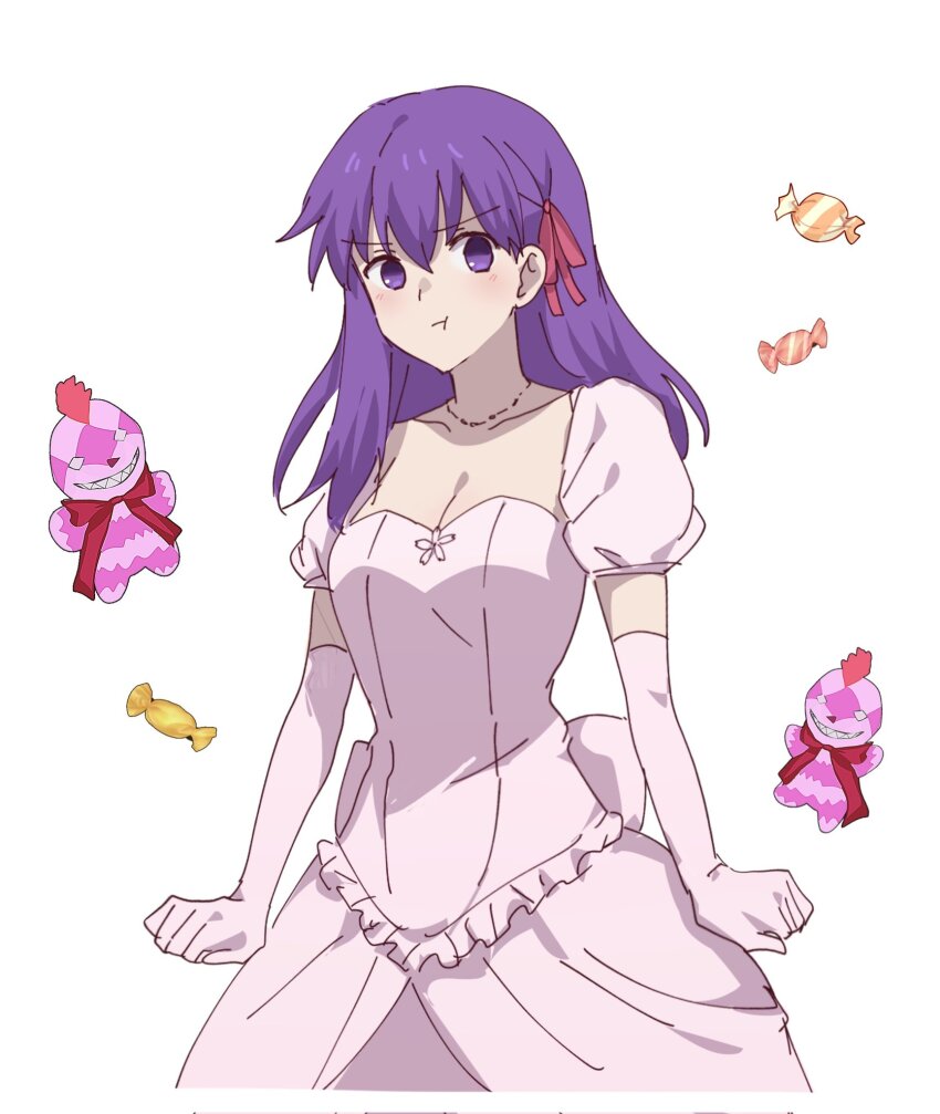 1girl, candy, closed_mouth, dress, elbow_gloves, fate/stay_night, fate_(series), food