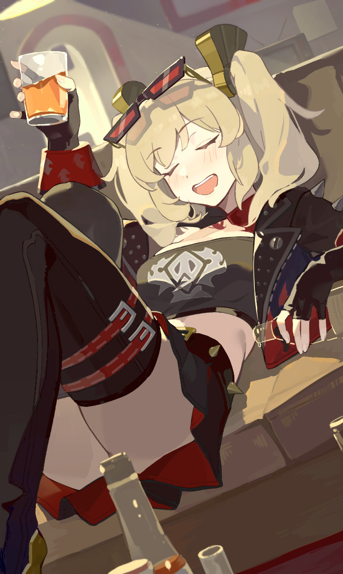 1girl, belt, black_belt, black_gloves, black_jacket, black_skirt, black_tube_top, blush