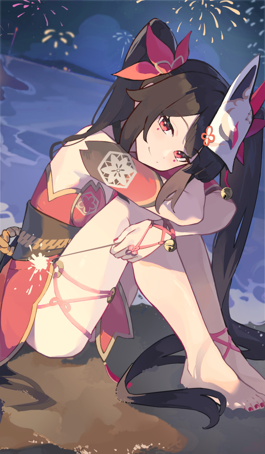 1girl, barefoot, black_choker, black_hair, breasts, choker, chongchongbao_mushi, detached_sleeves, dress, facial_mark, fireworks, fox_mask, highres, holding, holding_fireworks, honkai:_star_rail, honkai_(series), japanese_clothes, long_hair, mask, mask_on_head, nail_polish, obi, red_dress, red_eyes, red_nails, sash, sidelocks, sitting, small_breasts, solo, sparkle_(honkai:_star_rail), sparkler, twintails, very_long_hair