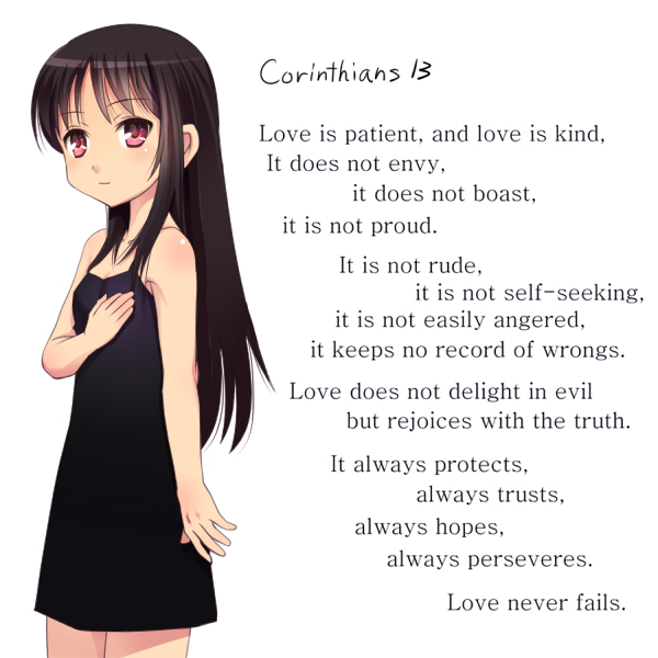 1girl, black_dress, black_hair, child, dress, english_text, female_focus, hand_on_own_chest, hand_over_heart, long_hair, looking_at_viewer, meow_(nekodenki), original, red_eyes, scripture, simple_background, smile, solo, standing, white_background