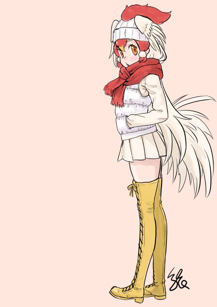 1girl, adapted_costume, beanie, bird_girl, bird_tail, bird_wings, boots, chicken_(kemono_friends)