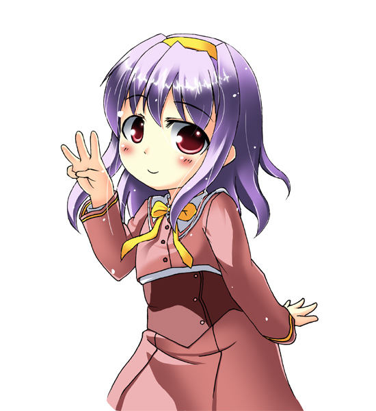 1girl, blush, canvas_(cocktail_soft), canvas_3, corset, hairband, jacket, long_hair, long_sleeves, looking_at_viewer, pink_jacket, pink_skirt, purple_hair, red_eyes, school_uniform, skirt, smile, standing, tomii_(pixiv_110563), w, white_background, yamabuki_renge_(canvas_3)