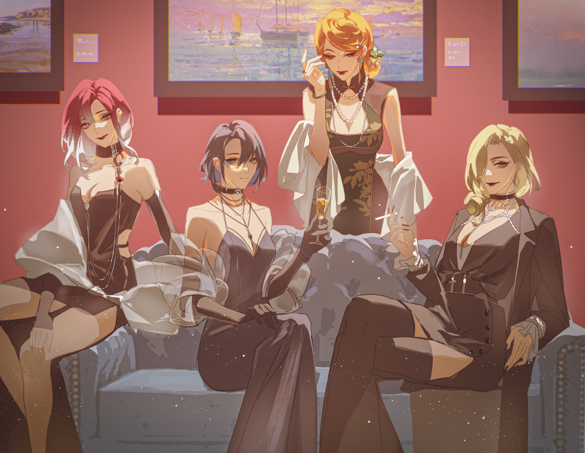 4girls, black_choker, black_dress, black_gloves, black_nails, blonde_hair, blue_eyes, breasts
