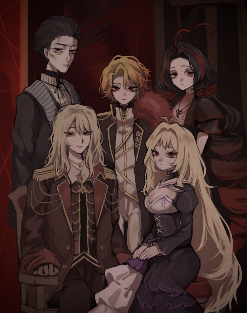 2boys, 3girls, ahoge, antenna_hair, nicolina_(project_moon), black_coat, black_dress, black_hair