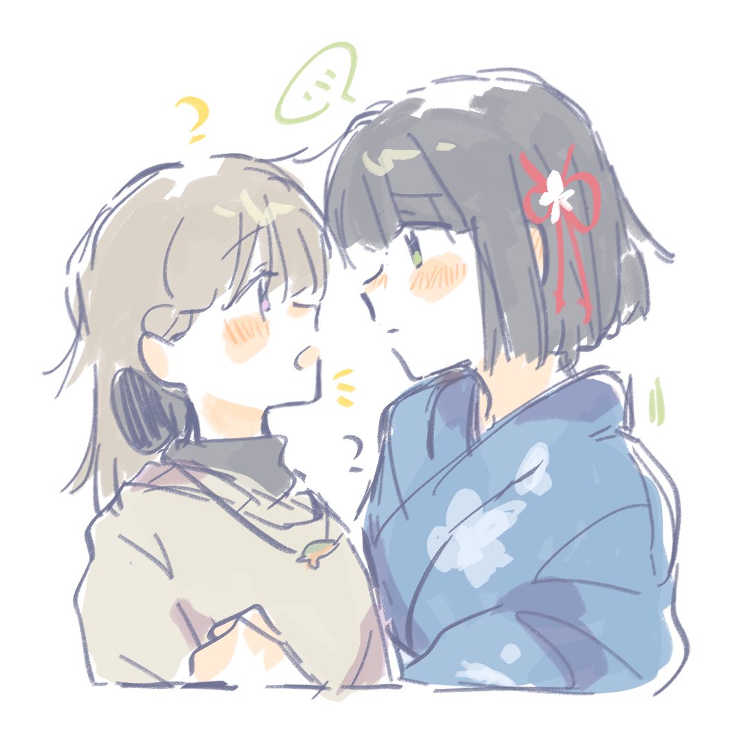 ..., 2girls, ?, black_footwear, black_hair, black_shirt, blue_kimono, blunt_bangs