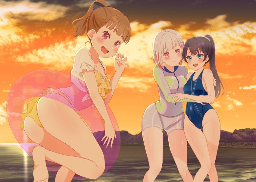 3girls, :d, ass, barefoot, bikini, black_bow, blue_eyes, blue_hair
