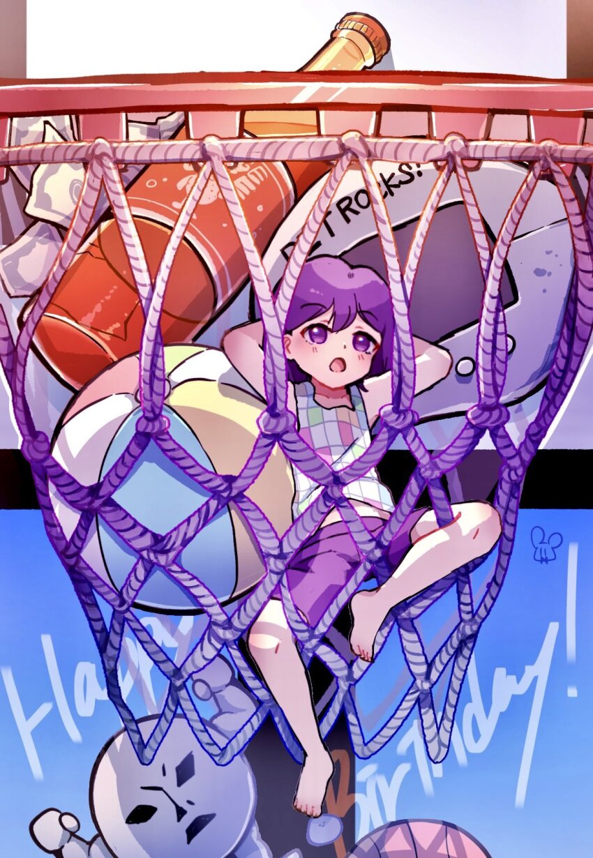 007f89_siyo, 1boy, arms_behind_head, arms_up, barefoot, basketball_hoop, happy_birthday, highres, kel_(headspace)_(omori), kel_(omori), male_focus, mini_person, miniboy, omori, pluto_(omori), purple_eyes, purple_hair, purple_shorts, short_hair, shorts, sitting, solo, tank_top