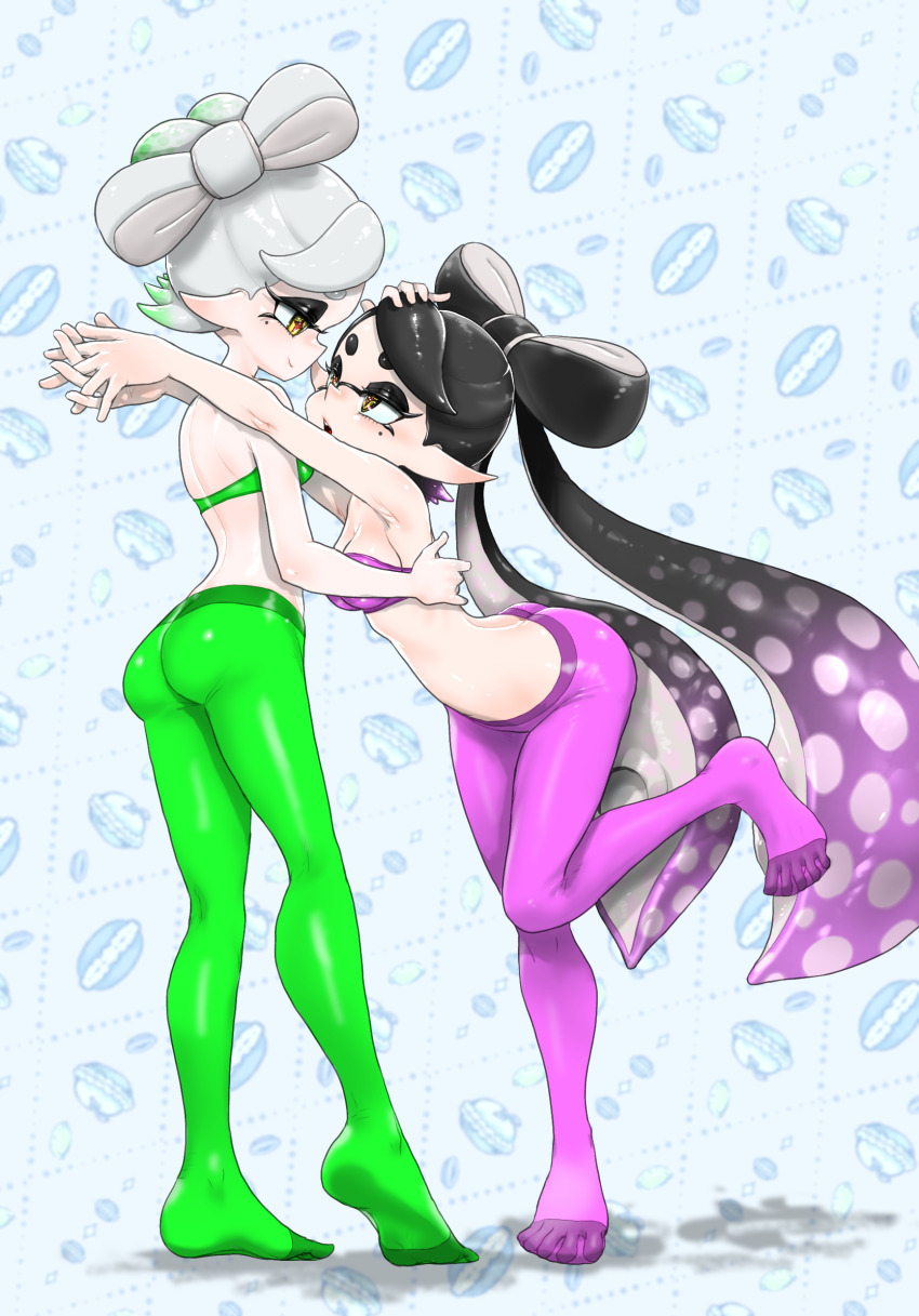 armpits, ass, black_hair, bow-shaped_hair, bra, breasts, callie_(splatoon), chestnut_mouth