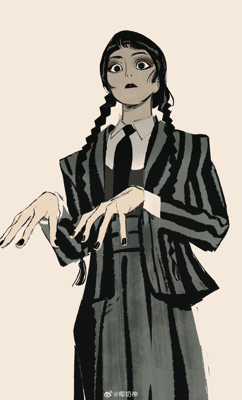1girl, absurdres, the_addams_family, black_eyes, black_eyeshadow, black_hair, black_jacket, black_lips, black_nails, black_necktie, black_vest, blazer, blunt_bangs, braid, brown_background, chinese_commentary, closed_mouth, collared_shirt, commentary_request, cowboy_shot, eyelashes, eyeshadow, forehead, grey_jacket, grey_skirt, hair_over_shoulder, high-waist_skirt, highres, jacket, layered_sleeves, lipstick, long_hair, long_sleeves, looking_ahead, low_twin_braids, makeup, multicolored_jacket, nail_polish, necktie, nostrils, open_clothes, open_jacket, school_uniform, shirt, simple_background, skirt, solo, sophieli, standing, striped_clothes, striped_jacket, striped_skirt, thick_eyebrows, twin_braids, two-tone_jacket, vertical-striped_clothes, vertical-striped_jacket, vertical-striped_skirt, very_long_hair, vest, watermark, wednesday_(netflix), wednesday_addams, weibo_watermark, white_shirt, wide-eyed