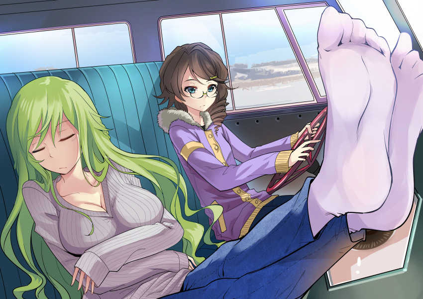 2girls, absurdres, blue_eyes, blue_pants, blue_sky, breasts, brown_hair, car_interior, cleavage, closed_eyes, closed_mouth, drill_hair, driving, emma_planck, erwin_reanna_schrodinger, fei_luo_mao, foot_focus, green_hair, grey_sweater, highres, honkai_(series), honkai_impact_3rd, jacket, large_breasts, legs_up, long_hair, long_sleeves, multiple_girls, pants, pink_jacket, round_eyewear, short_hair, sitting, sky, sleeping, socks, soles, sweater, wavy_hair, white_socks