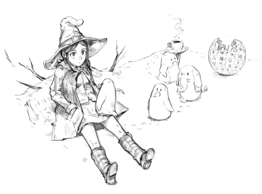 1girl, 4others, belt, bird, branch, checkered_leg_warmers, coffee, cup, david_revoy, elephant, full_body, greyscale, hands_in_pockets, hat, jacket, leg_warmers, lying, miniskirt, monochrome, multiple_others, outdoors, penguin, pepper&amp;carrot, pepper_(pepper&amp;carrot), plate, shirt, shoes, skirt, standing_on_another's_legs, steam, teacup, vest, video_available, wikipedia, witch_hat