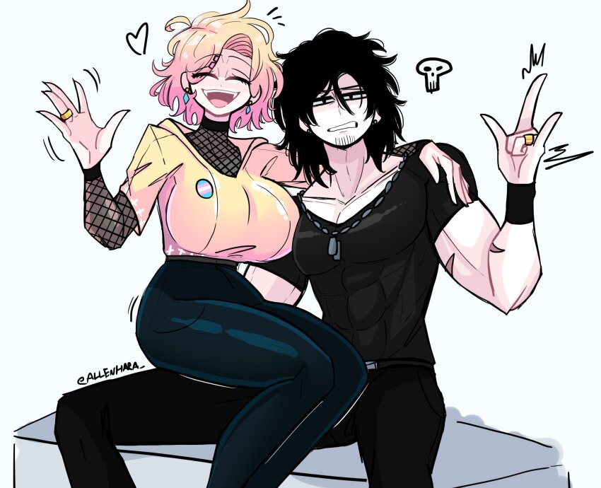 1boy, 1girl, allenhara, black_hair, breasts, couple, girl_on_top, hair_dye, highres, husband_and_wife, jewelry, logan_(allenhara), medium_hair, muscular, muscular_male, open_mouth, original, ring, sasha_(allenhara), shirt, short_hair, short_sleeves, simple_background, sitting, sitting_on_lap, sitting_on_person, smile, transgender_flag, wedding_ring