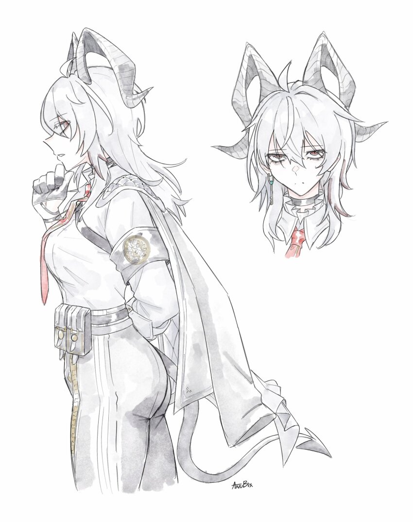 1girl, armband, ass, biscuitaart, black_armband, black_horns, chest_harness, earrings