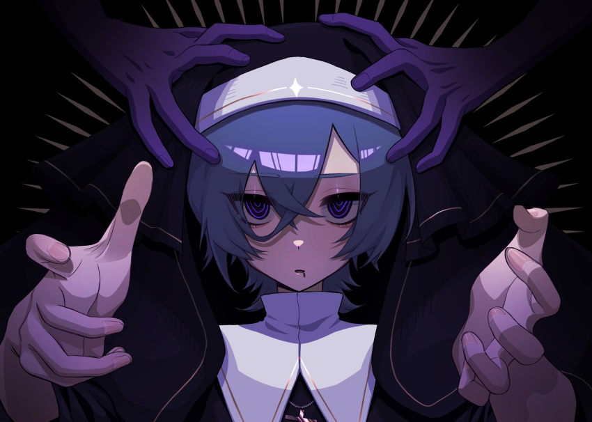 1boy, blue_eyes, blue_hair, commentary_request, cross, cross_necklace, face_piercing, habit