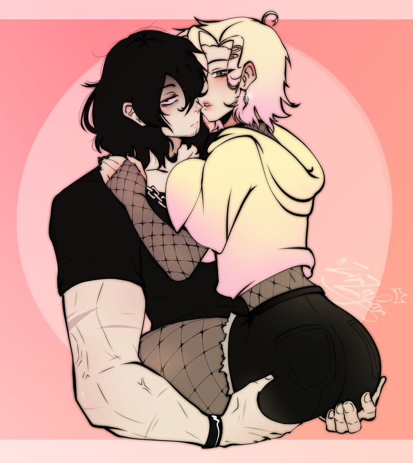 1boy, 1girl, absurdres, black_hair, blonde_hair, blush, breasts, buckle