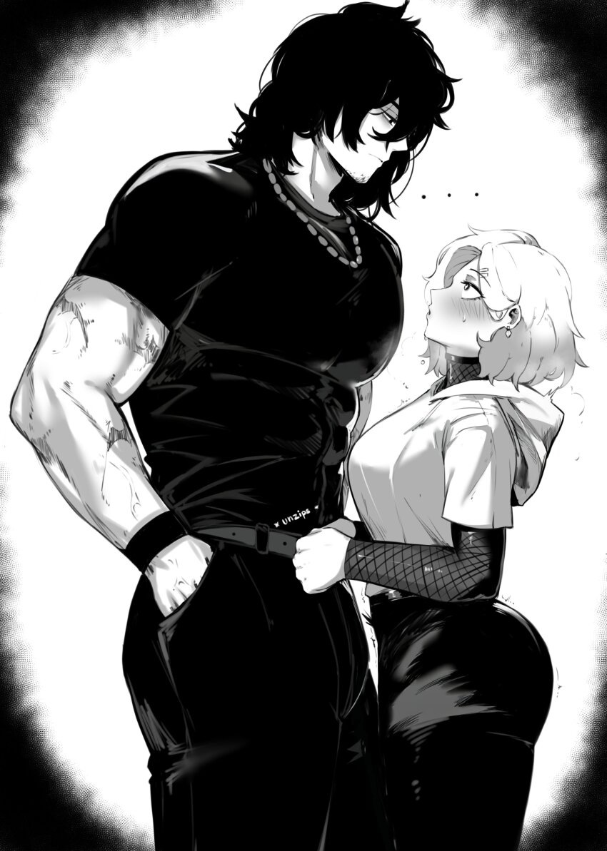 ..., 1boy, 1girl, absurdres, belt, belt_buckle, black_hair, blush, breasts, buckle, english_text, greyscale, height_difference, hetero, highres, large_breasts, logan_(allenhara), masoq, monochrome, muscular, muscular_male, original, pants, sasha_(allenhara), scar, shirt, short_hair, simple_background, sweat, white_background