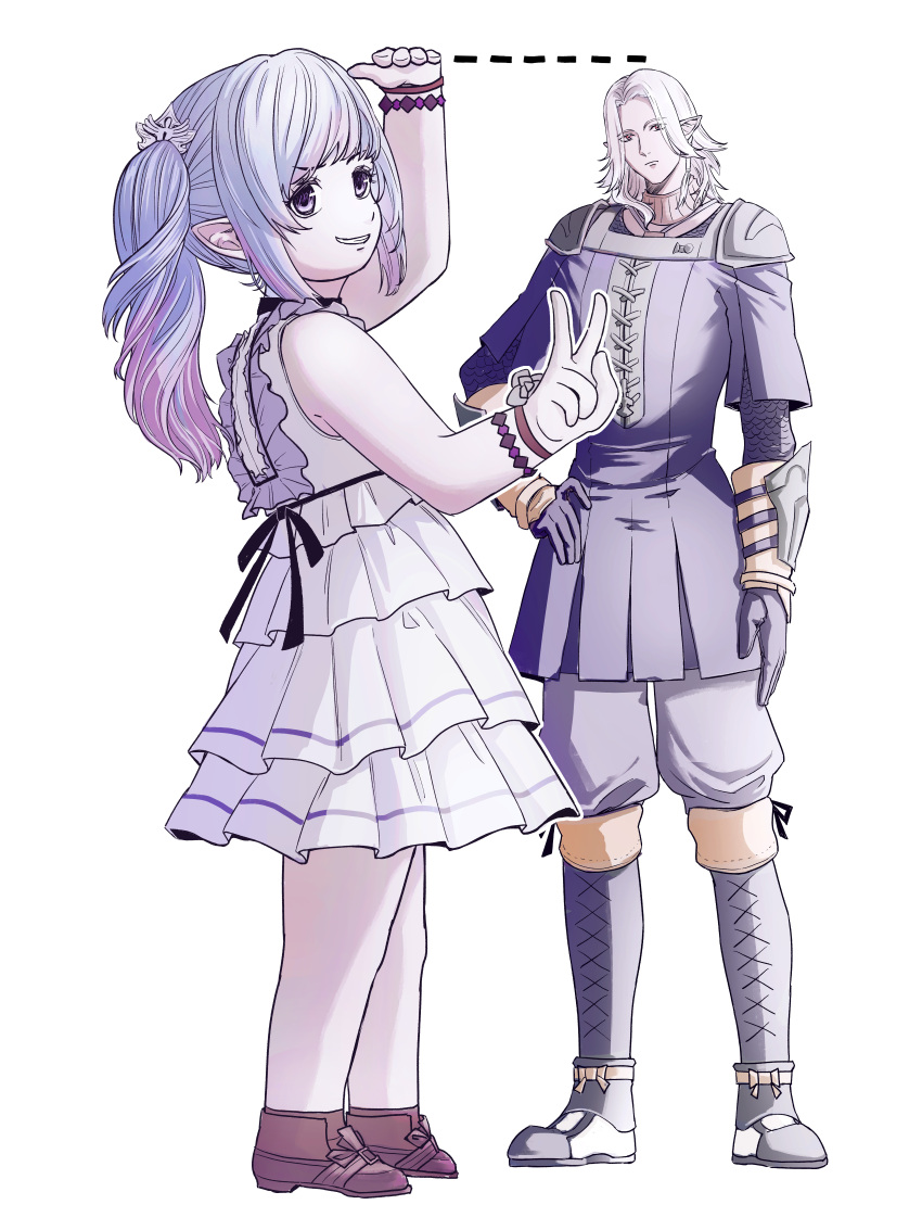 1boy, 1girl, absurdres, armor, blue_hair, blue_tunic, brown_hair, cc_guiya, chainmail, closed_mouth, colored_tips, dress, elezen, elf, expressionless, eyebrows_hidden_by_hair, final_fantasy, final_fantasy_xiv, flat_chest, from_side, full_body, hand_on_own_hip, height_difference, highres, lalafell, looking_at_viewer, medium_hair, multicolored_hair, open_mouth, pointy_ears, ponytail, purple_eyes, shoulder_pads, simple_background, smile, smirk, tunic, v, white_background, white_dress